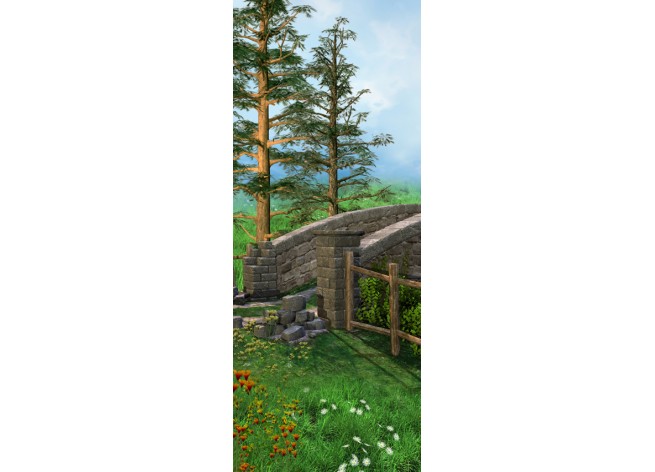 Наклейка на дверь Старый каменный мост, на лугу с цветами